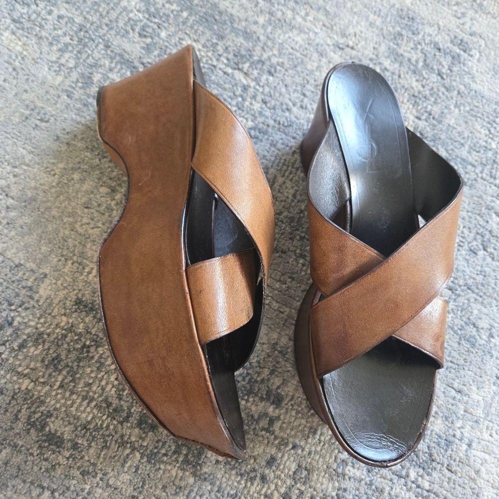Vintage YVES SAINT LAURENT Leather Wedge Cross Strap Platform Slides Size 41